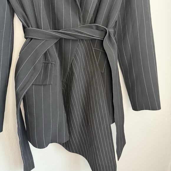 Diane Von Furstenberg Pin Stripe Blazer Asymmetrical Belted Jacket Black 12 $529 - Picture 3 of 11
